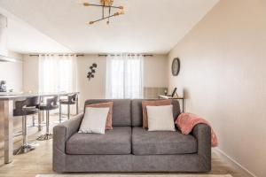 uma sala de estar com um sofá cinzento com almofadas em L'adorable Confort & Central em Clermont-Ferrand