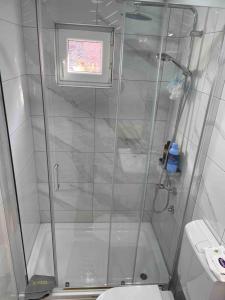 a bathroom with a shower with a toilet and a window at LEDA Apartmani in Smederevo