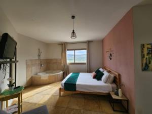 1 dormitorio con cama, bañera y TV en Zug Yonim, en Livnim