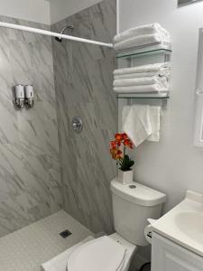 ein Badezimmer mit Toilette und Dusche mit Handtüchern in der Unterkunft Incredible comfortable apartments near the airport and beaches in Tampa + 37 Fotos