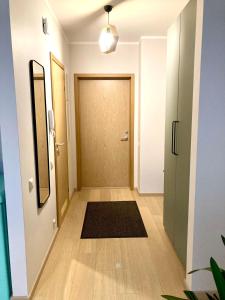 a hallway with a brown door and a black rug at Apartment Upeņu in Rīga