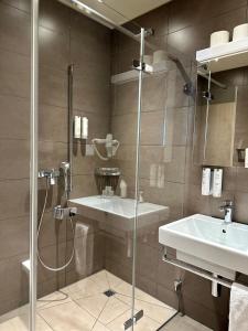 a bathroom with a shower and a sink at Plaza Hotel Winterthur in Winterthur