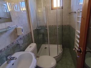 a bathroom with a toilet and a shower and a sink at Guest Rooms Grachenovi in Bansko