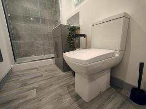 a bathroom with a toilet and a shower at Pass the Keys Newly Built Modern Central Apartment in Wolverhampton