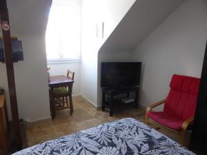 a room with a bed and a tv and a chair at Studio calme au coeur de Tours in Tours