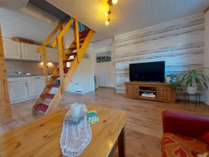ein Wohnzimmer mit einem TV und einer Holzwand in der Unterkunft Komfortferienwohnung Anker & Steuerrad in Putbus