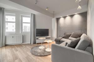 salon z kanapą i telewizorem w obiekcie Apartamenty MUNN 6 Szczecin w Szczecinie