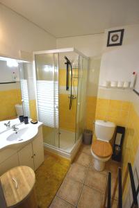 a bathroom with a shower and a toilet and a sink at La bulle bleue - Coeur de St Gilles les bains in Filaos