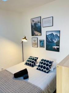 een slaapkamer met een bed met 2 kussens en foto's aan de muur bij Les studios de Morgane hyper centre in Valence