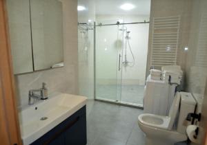 a bathroom with a shower and a sink and a toilet at Season Suite Apart-Hotel in Batumi
