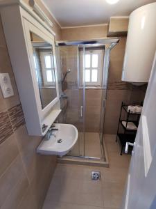 uma casa de banho com um lavatório e um chuveiro em Balaton Apartman Füred em Balatonfüred
