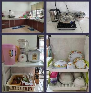 a collage of four pictures of a kitchen at Homey Homestay in Tanjong Sepat