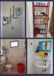 un collage de cuatro fotos de un baño en Homey Homestay, en Tanjong Sepat