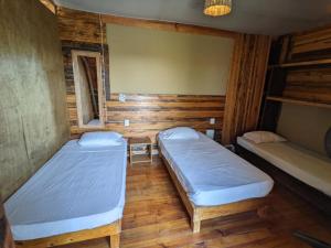 two beds in a room with wooden walls at Chaak in Puerto Escondido
