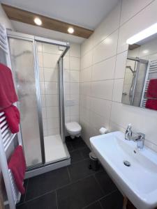 bagno con doccia, lavandino e servizi igienici di Gasthaus Engel a Murg
