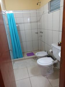 uma casa de banho com um chuveiro, um WC e um lavatório. em Alojamiento céntrico florida em Puerto Iguazú