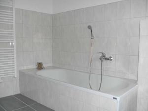 a bath tub with a shower in a bathroom at Ferienhaus Nikita in Würzburg