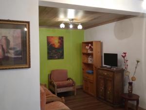 uma sala de estar com paredes verdes e uma televisão e uma cadeira em El Limonal em Quito