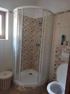 uma casa de banho com um chuveiro e um WC. em Chalupa Amirka 