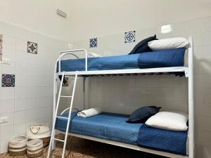 Meta Salento Rooms في أفيترانا: غرفة مع ثلاثة أسرة بطابقين مع ملاءات زرقاء