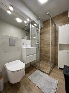 a bathroom with a toilet and a glass shower at MW3 Apartament in Rzeszów
