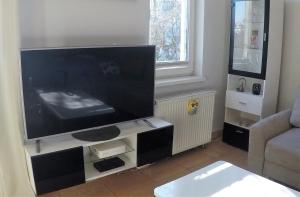 波茲南的住宿－Sunny Studio Głogowska A2 Targi，客厅配有大屏幕平面电视