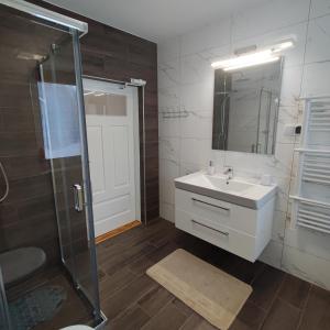 ein Badezimmer mit einem weißen Waschbecken und einer Dusche in der Unterkunft Domek u Litwinów in Lipowiec