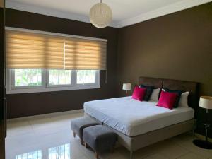 a bedroom with a bed with pink pillows and a window at Impeccable 2-Bed House with Hot-Tub -Wi-Fi in Kwedonu
