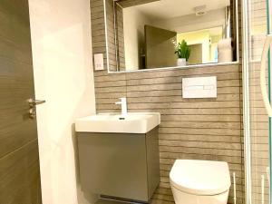 een badkamer met een wastafel, een toilet en een spiegel bij Elegant Apartment - 1 Minute walk to Poole Quay - Great Location - Free Parking - Fast WiFi - Smart TV - Newly decorated - sleeps up to 2! Close to Poole & Bournemouth & Sandbanks in Poole