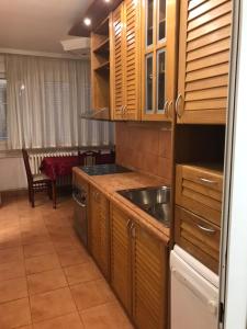 cocina con armarios de madera y fregadero de acero inoxidable en Bulevar NT Novi Beograd, Zemun, en Belgrado
