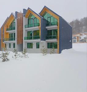 um edifício na neve com árvores em frente em snow forest bakuriani apartment eight em Bakuriani