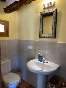 a bathroom with a sink and a toilet and a mirror at Casa de Alguaztar in Bubión