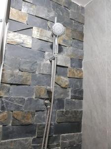 a shower in a bathroom with a stone wall at Beautiful & fully renovated flat in historic city center in Quito