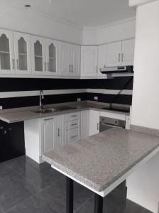 a kitchen with white cabinets and a granite counter top at Beautiful & fully renovated flat in historic city center in Quito