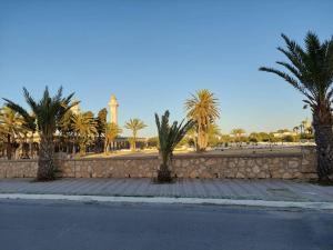 una strada con palme e un muro di pietra di Magnifique villa en Centre Ville a Monastir