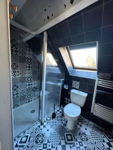 a bathroom with a toilet and a shower and a window at La suite Brésilienne in Forges-les-Eaux