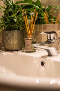 un lavandino in bagno con due piante in vaso di Hotel Pergola a Legnago