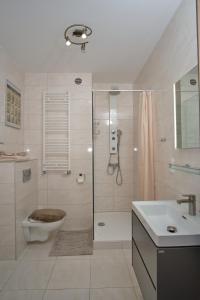 a bathroom with a shower and a toilet and a sink at Apartament Słoneczny 11 in Opole