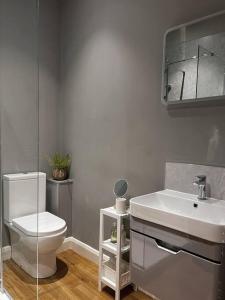 a bathroom with a white toilet and a sink at Cosy 2 Bedroom Apartment in Todmorden