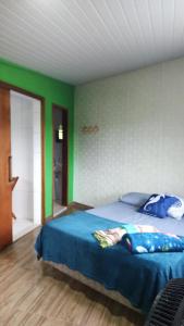 a bedroom with a bed with blue sheets and green walls at Chalés da Jack in Angra dos Reis