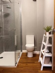 a bathroom with a toilet and a glass shower at Modern Ground Floor Apartment in Todmorden