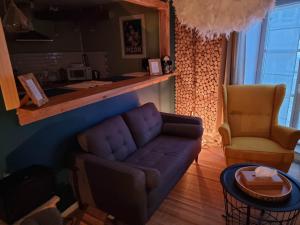 a living room with a couch and a chair at Petit cocon quartier historique Chaumont in Chaumont