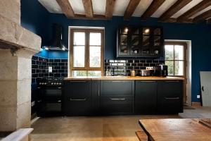 eine Küche mit schwarzen Schränken und einer blauen Wand in der Unterkunft Independent farmhouse in the park of the Château du Gué du Roi 