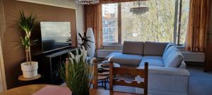 salon z kanapą i telewizorem w obiekcie SUPERB FLAT WITH 3 BEDROOMS PARKING AND BALCONy w Antwerpii