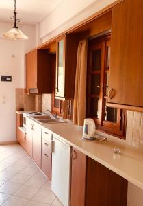 a kitchen with wooden cabinets and a white counter top at Gaia Apartments By Villa Kokkoni in Marathokampos +24 photos