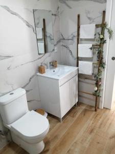 uma casa de banho com um WC branco e um lavatório. em Casa de Praia Daniel em Lavra