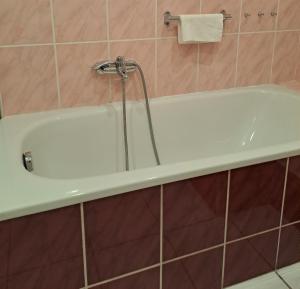 a bath tub with a faucet in a bathroom at Apartment Dům U Černého beránka in Prague