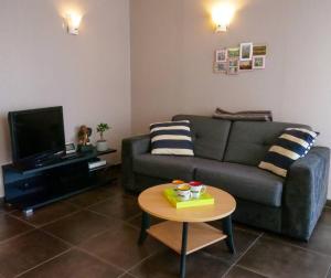 sala de estar con sofá y mesa en L'île d'Olive, appartement entier 2 à 4 personnes terrasse 25 m2 Besançon, proche CV, Micropolis et CHU, en Besançon