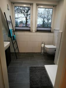 a bathroom with a toilet and a sink and two windows at Ferienwohnung Meta Fischerhude in Ottersberg