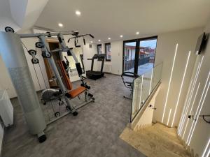 un gimnasio con cintas de correr y equipos de ejercicio en una habitación en H11 ROOMS ESZTERGOM en Esztergom